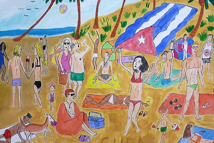 Colorful mixed-media drawing depicting a lively beach scene with numerous figures, a Cuban flag, palm trees, and ocean in warm yellows, blues, and earth tones.