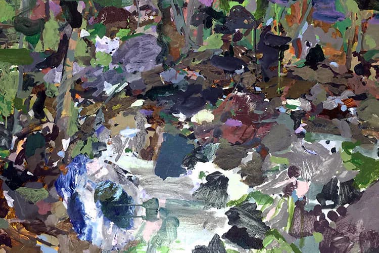 Abstract painting with gestural brushstrokes in greens, purples, blacks, and whites, featuring layered compositional elements and dynamic movement throughout.