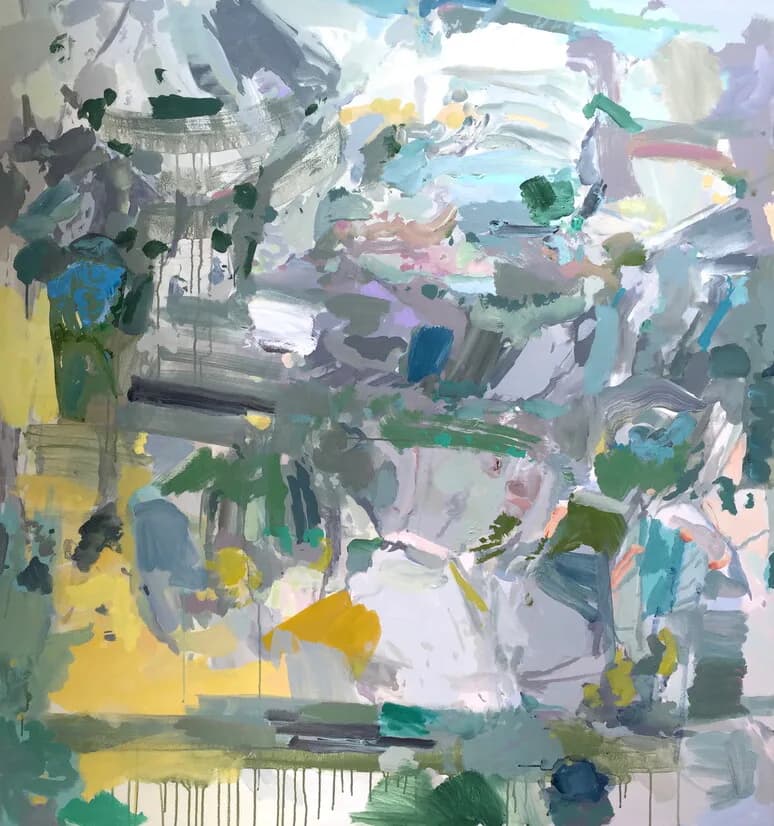 Abstract mixed-media painting with geometric and organic forms in soft pastels, blues, yellows, greens, and purples, featuring drips and layered paint application.