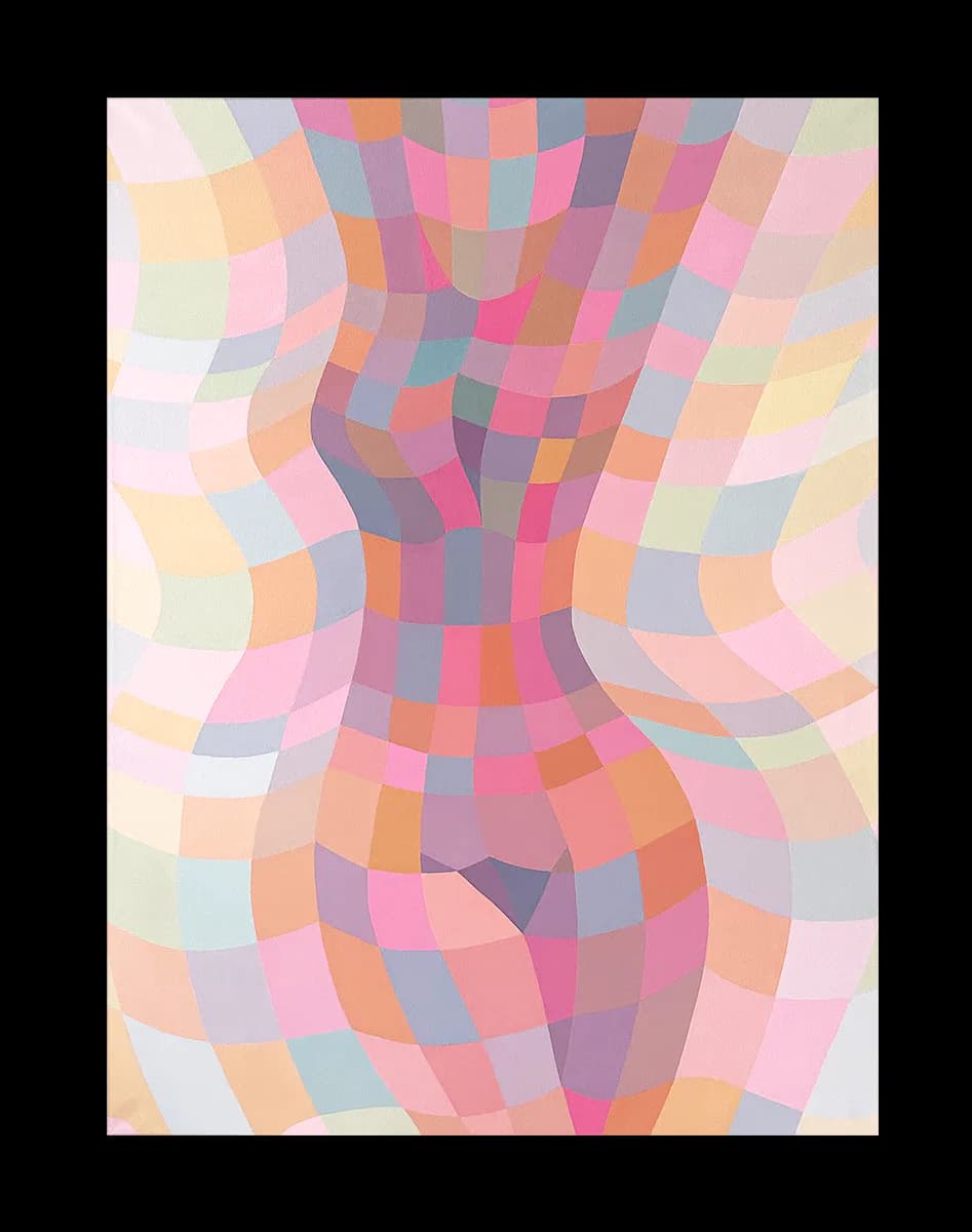 Abstract figurative painting of a torso rendered in interlocking pink, orange, and lavender wavy grid segments