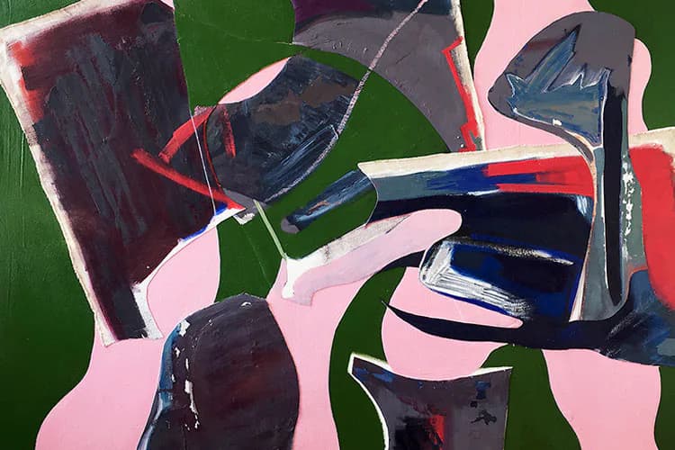 Abstract painting with overlapping geometric shapes in red, blue, and dark tones on pink and green background.