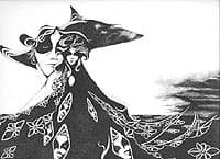 Black and white illustration of a figure with decorative cloak amid sea and sky