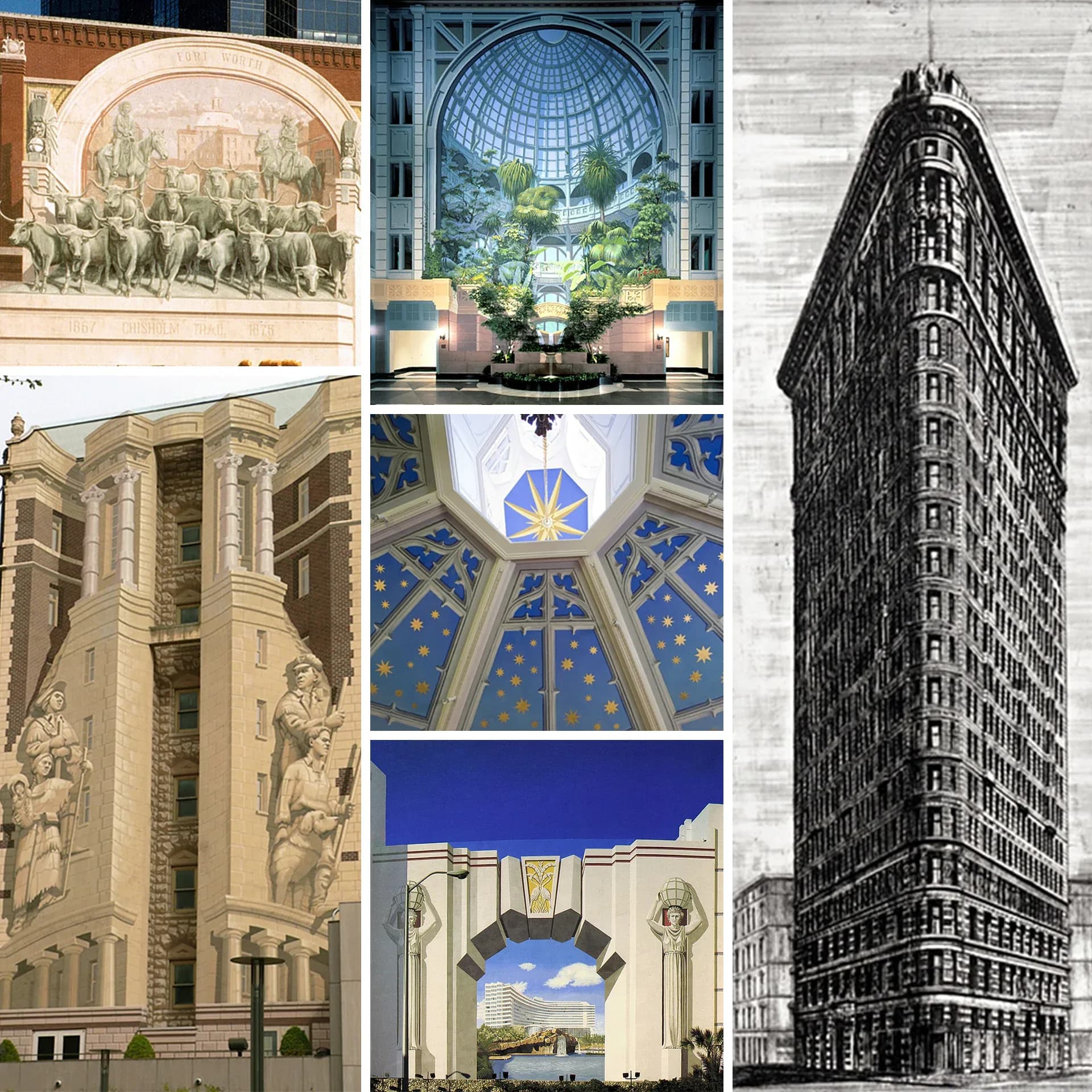 Collage of six artworks by Richard Haas including trompe-l'oeil murals, architectural renderings, and interior dome details in mixed media, featuring ochre, blue, and sepia tones.