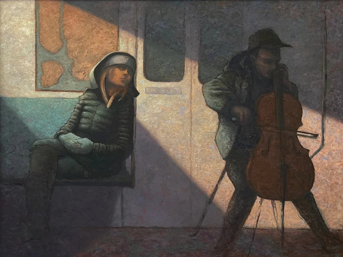 Trumpet player standing alone in an empty subway car bathed in blue-green light