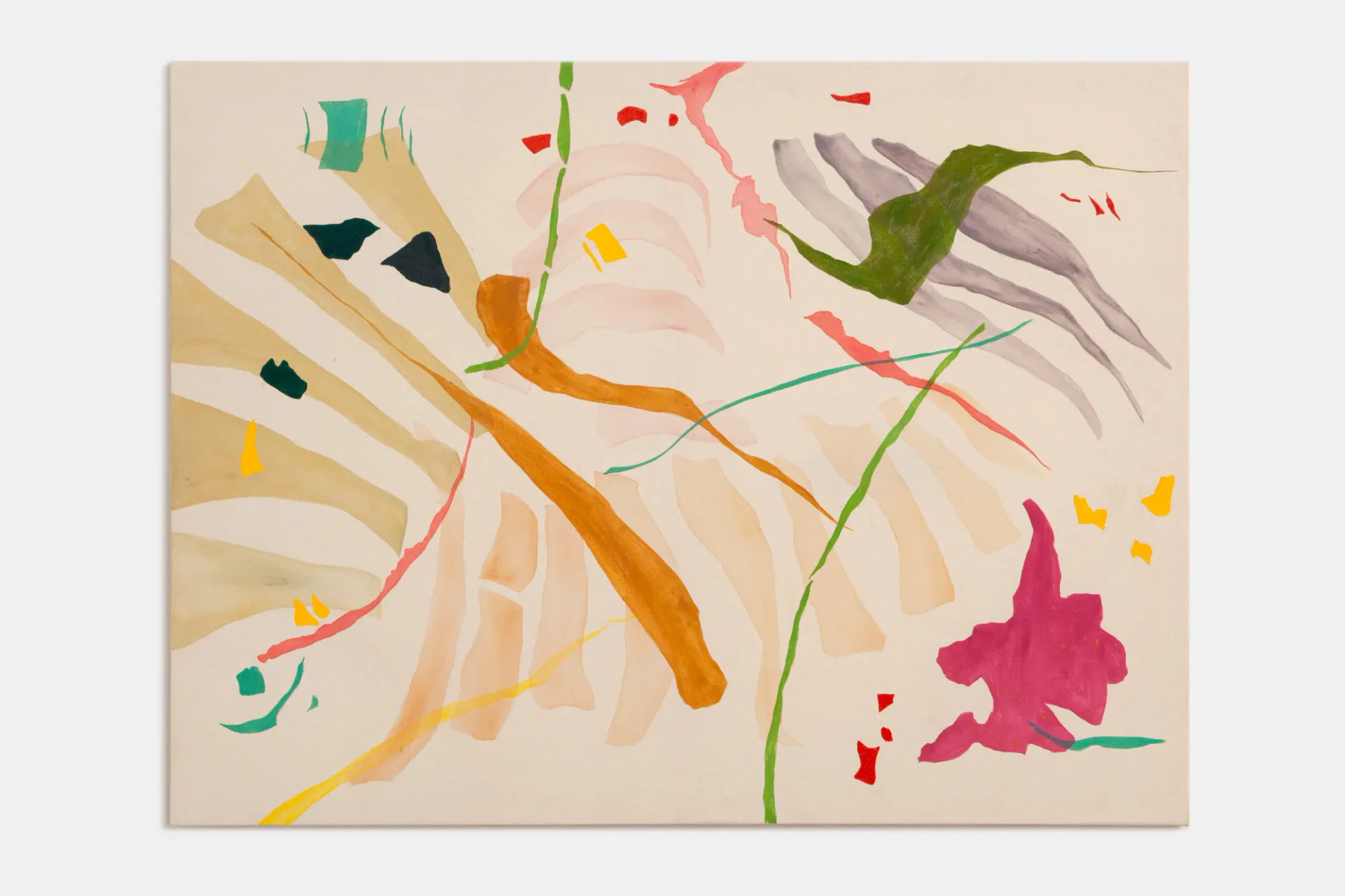 Large abstract painting on canvas with sweeping organic forms in ochre, pink, green, grey and magenta on cream ground