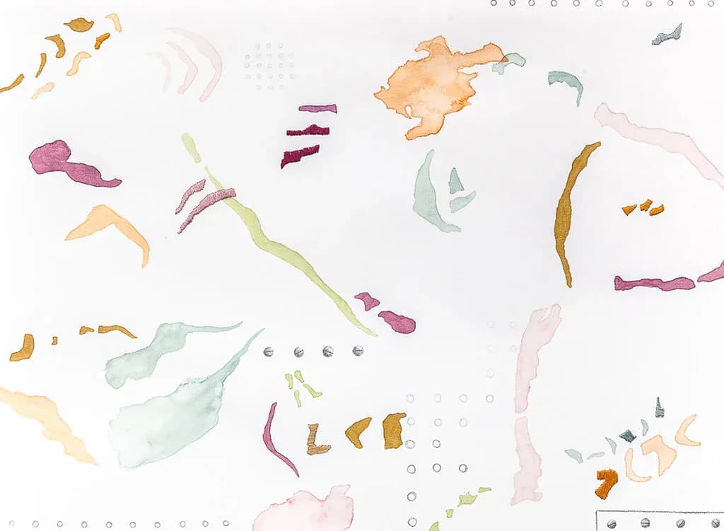 Abstract watercolor and mixed media work on paper with scattered colorful marks, embroidered stitches and watercolor pools