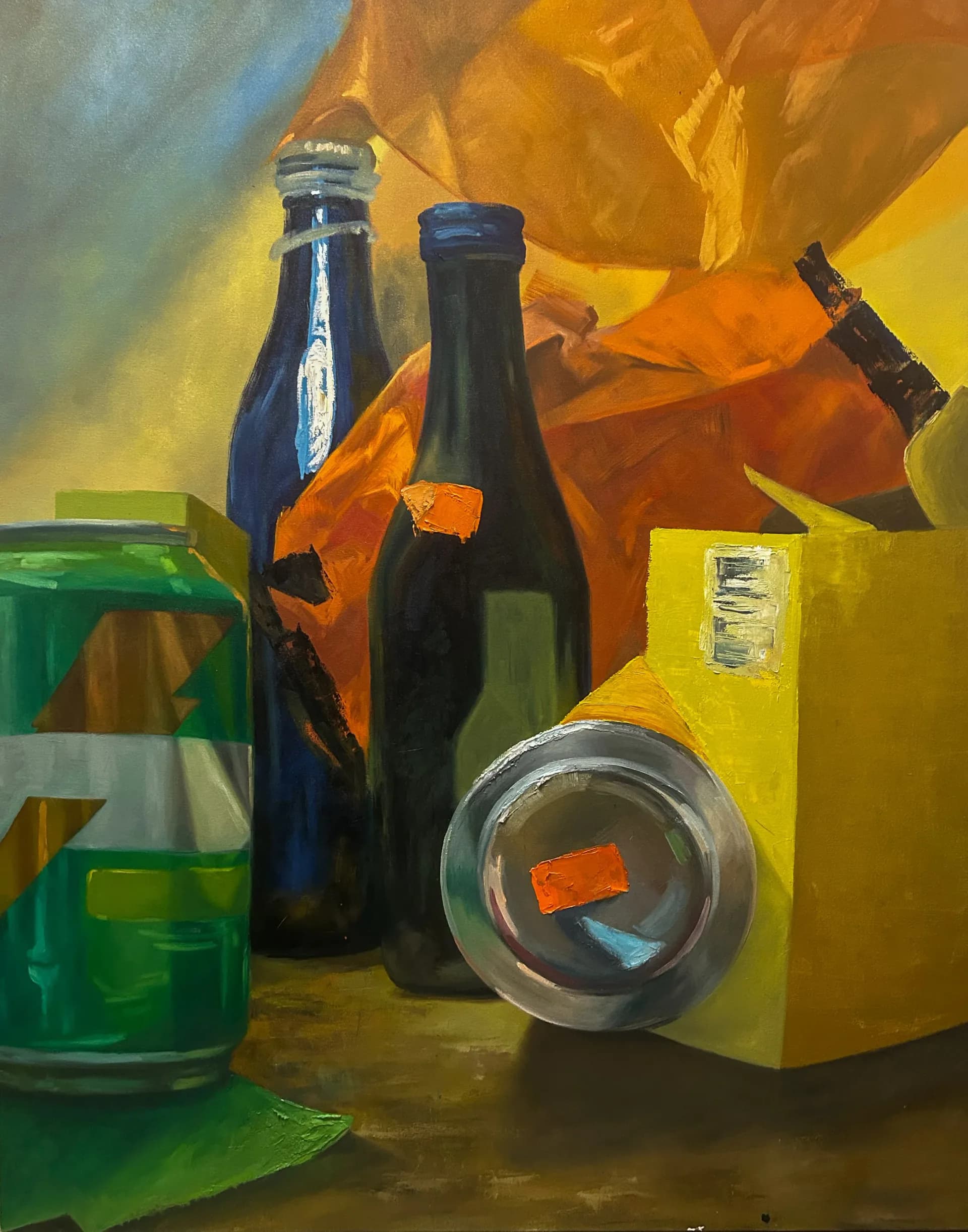 Still life oil painting of two dark blue bottles, a Gatorade can, and yellow box against an orange draped background