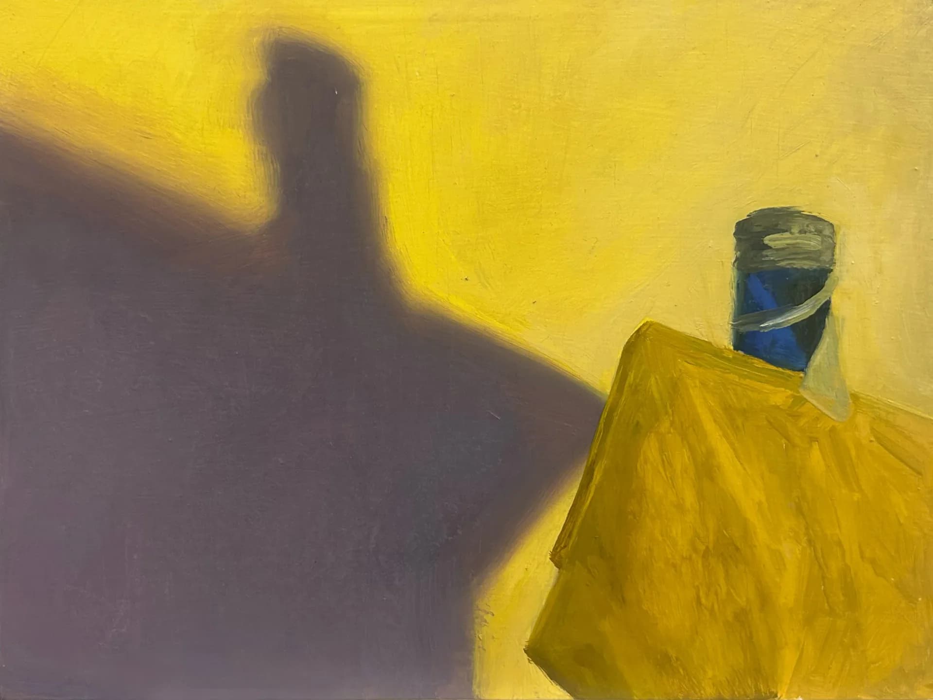 Oil painting of a dramatic cast shadow and blue-capped yellow bottle against a yellow-purple background