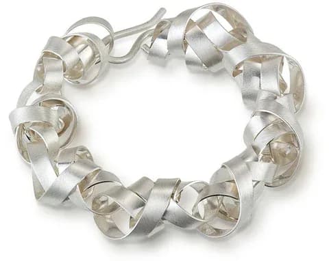 Silver ribbon link necklace with twisted knot elements