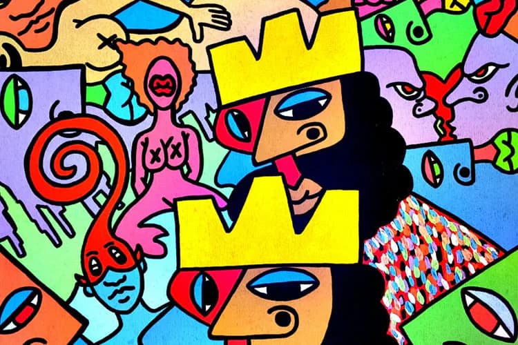 Vibrant pop art painting with bold geometric shapes, bright colors, stylized faces with exaggerated features, and abstract patterns by Rob Ayala.
