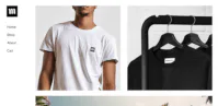 E-commerce website screenshot showing a product page with a light-colored t-shirt and navigation menu.