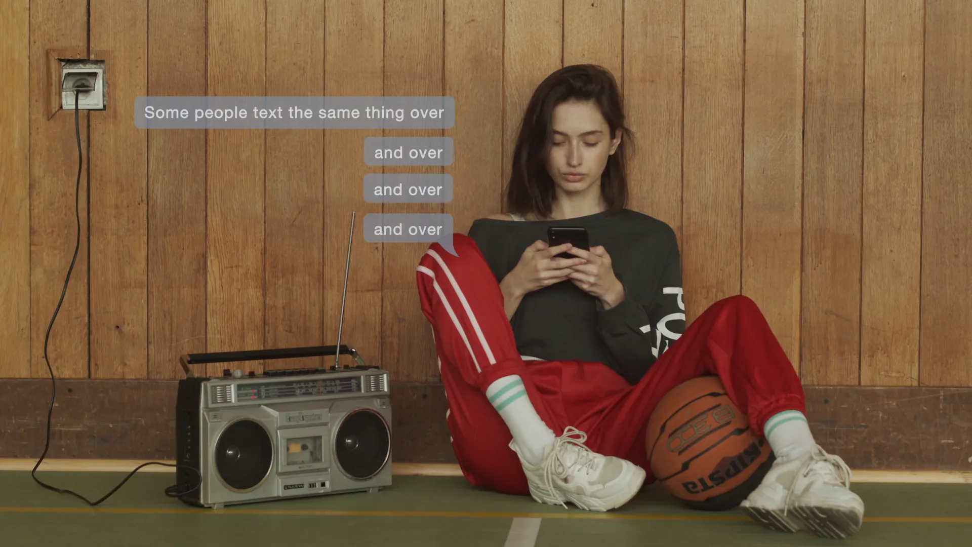 Woman in retro sportswear texting with repeated message bubbles overlay
