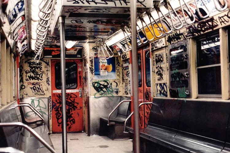 Interior of a subway car with red doors and black walls, covered in graffiti and tags, featuring metal poles and seats, photographed by Robert Fass.