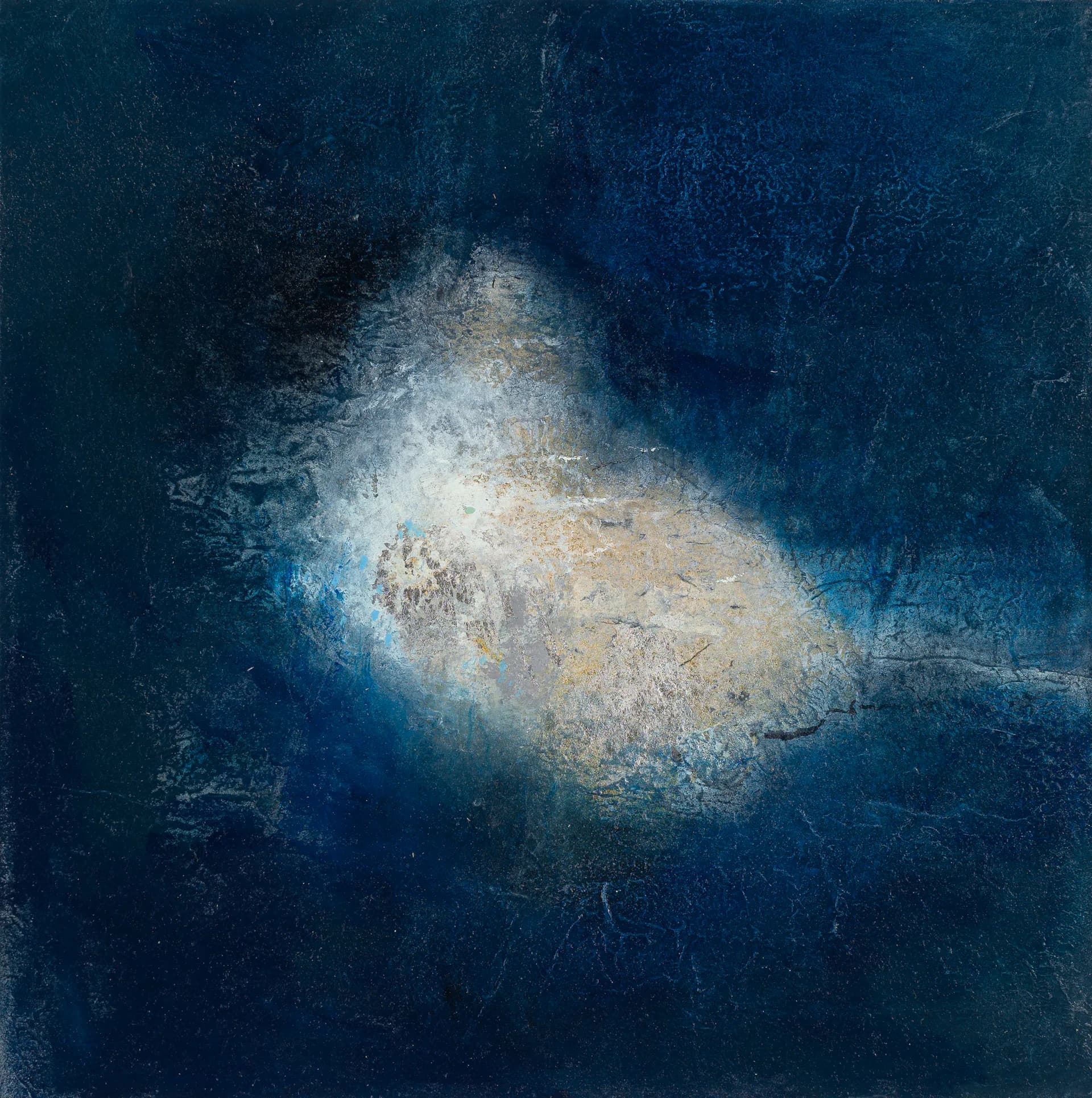 Dark teal abstract painting with a luminous white and cream triangular form floating in the center, surrounded by darker tones.