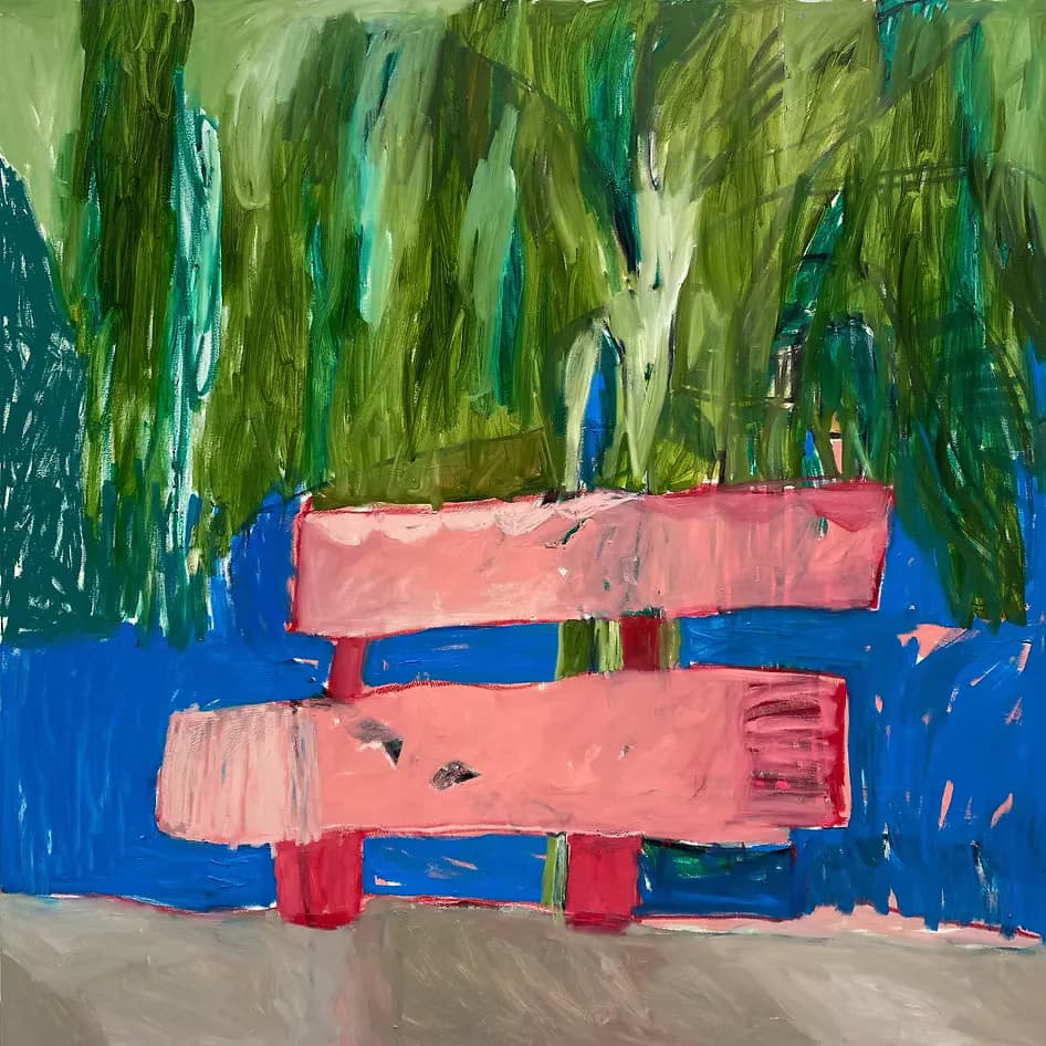 Abstract painting by Roxana Hartmann with bold horizontal pink and red strokes layered over deep blue and green vertical brushwork.