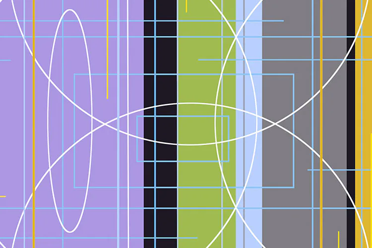 Abstract mixed-media composition with overlapping geometric shapes, curved lines, and vertical stripes in purple, green, gray, black, and yellow.