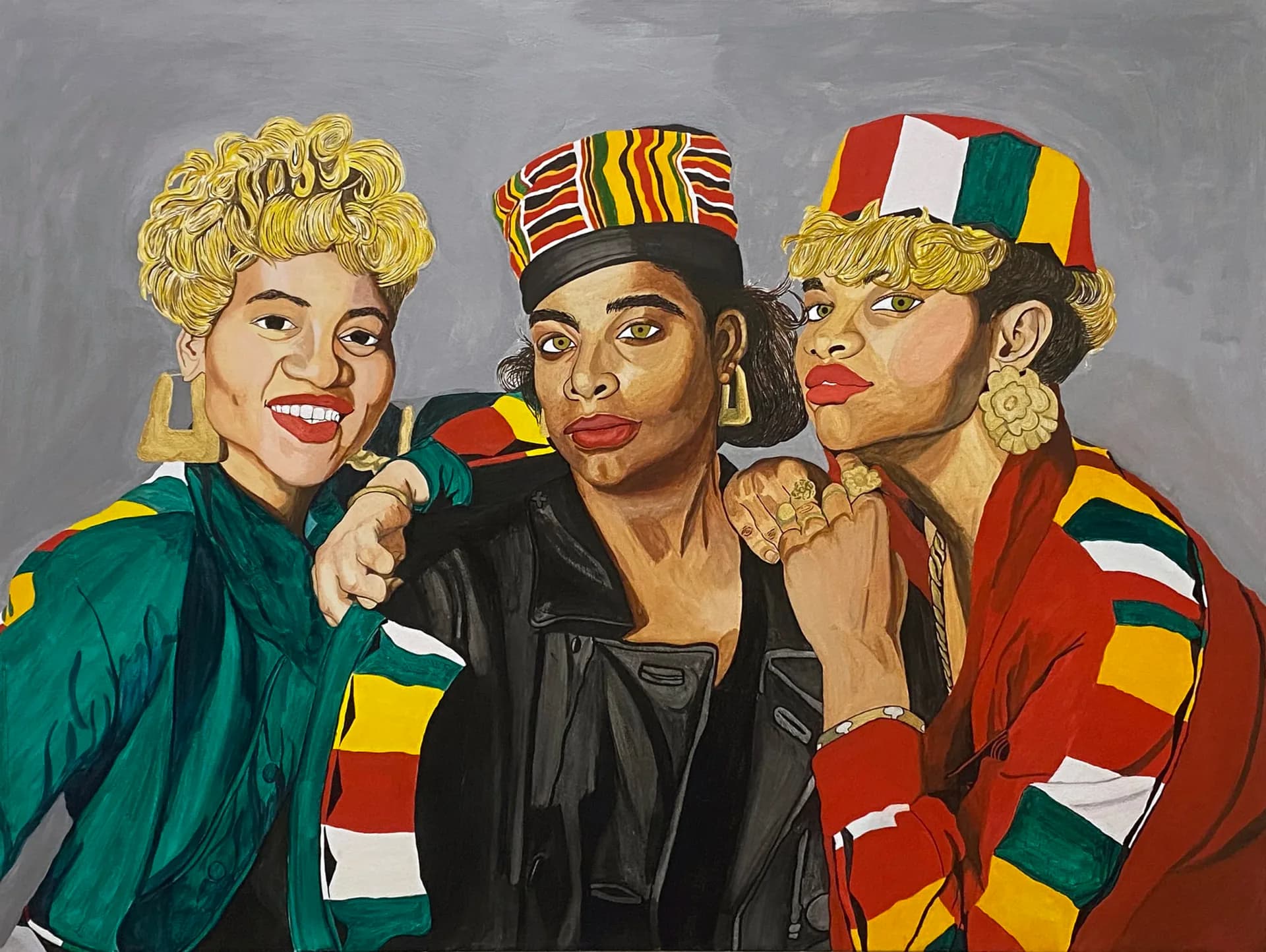 Portrait painting of three people wearing colorful striped jackets and hats in green, yellow, and red hues.