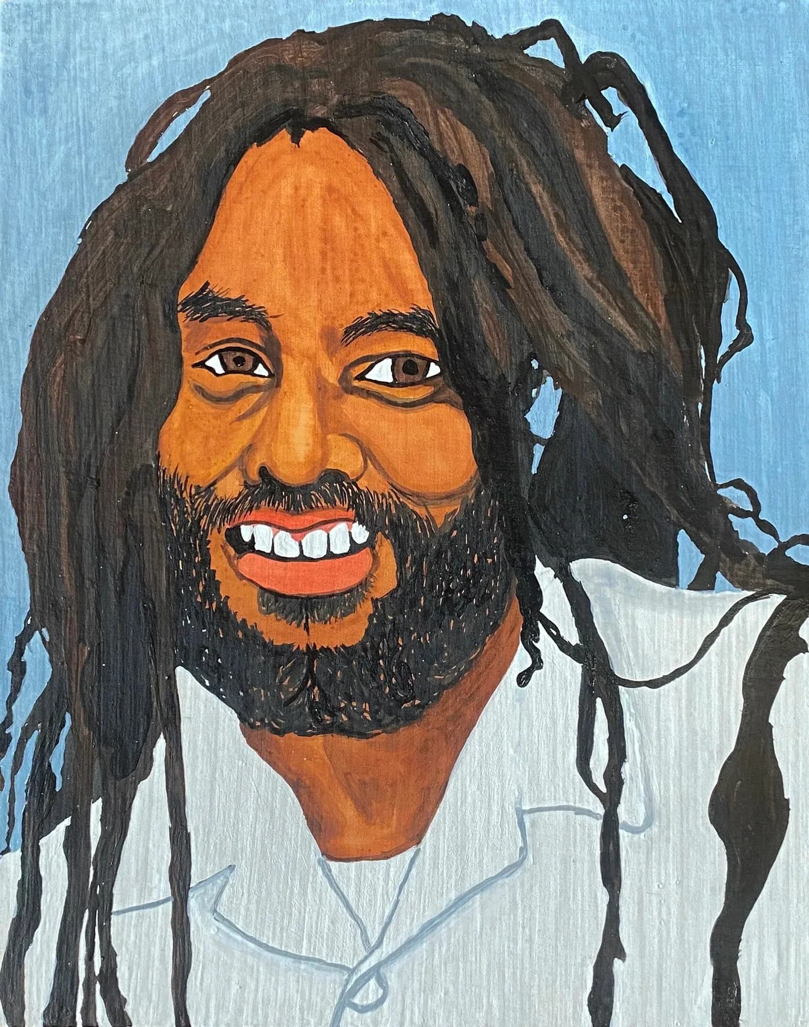 Portrait painting with orange face, dreadlocks, and beard against white shirt on light blue background.