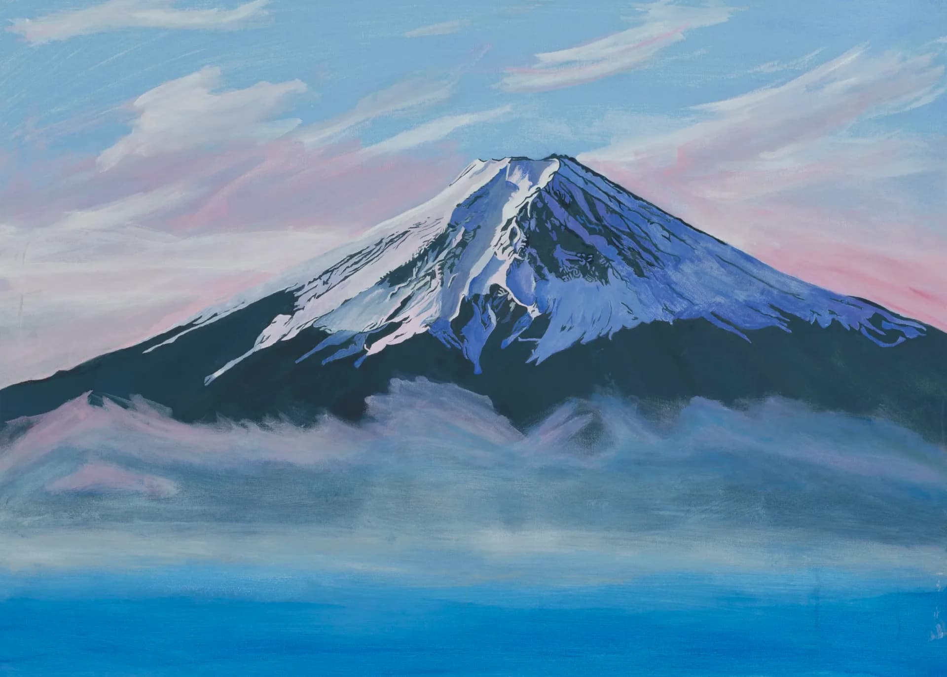 Landscape painting of snow-capped mountain rising above misty clouds in blues, whites, and greens.