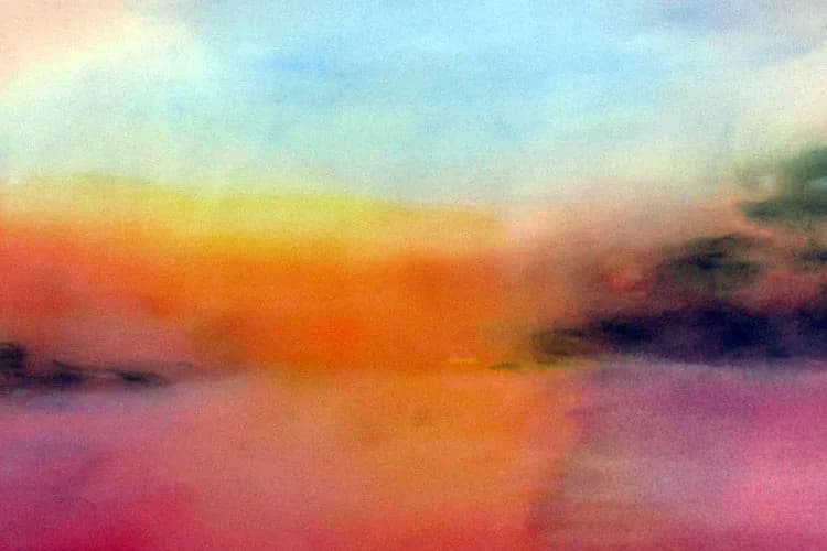 Abstract landscape painting with soft, blurred horizontal bands of orange, pink, yellow, and blue, suggesting a sunset or sunrise over water.