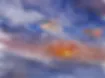 Abstract painting with soft, blended clouds in orange, purple, and blue hues against a pale sky.
