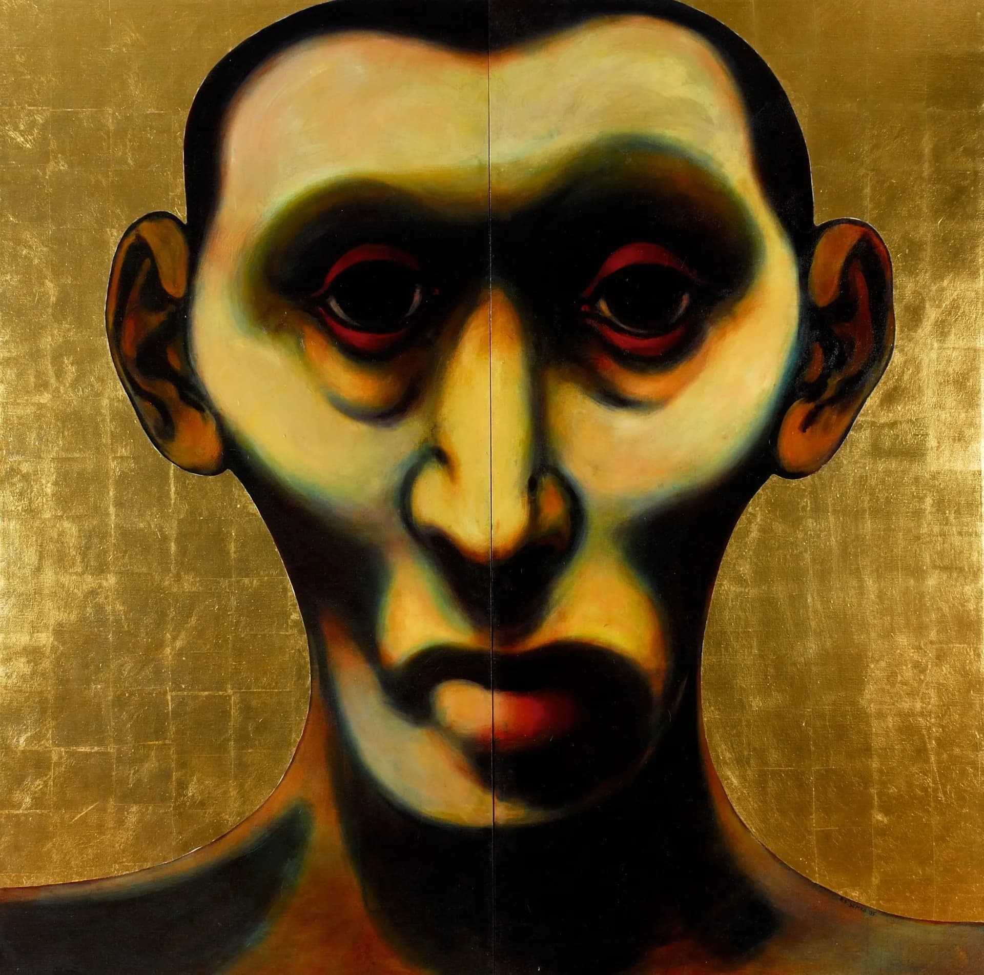Diptych portrait painting on gold leaf background with distorted face and red eyes