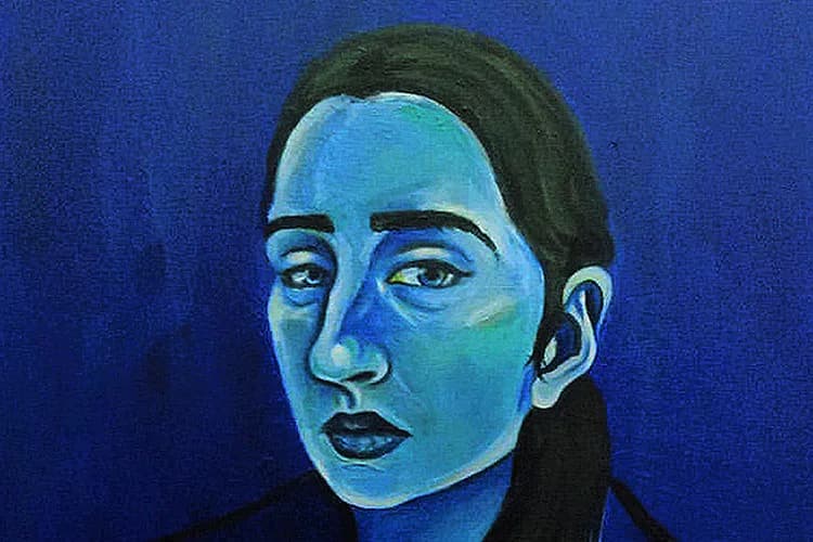 Portrait painting of a person with cyan-blue skin tones and dark hair against a deep blue background, rendered in mixed media.