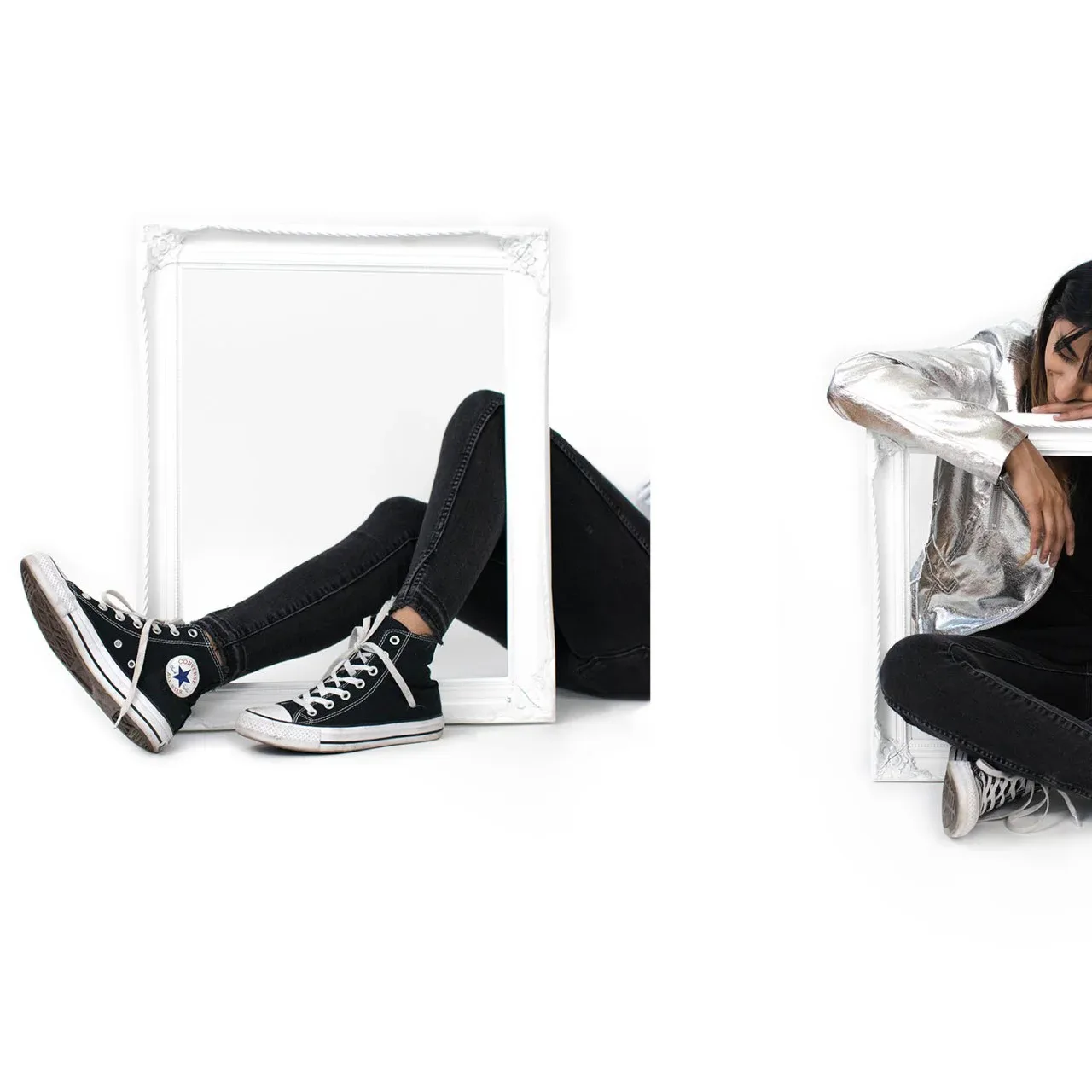 Diptych photograph: left panel shows legs in black sneakers protruding from transparent box; right panel shows person in black clothing hugging clear acrylic structure.