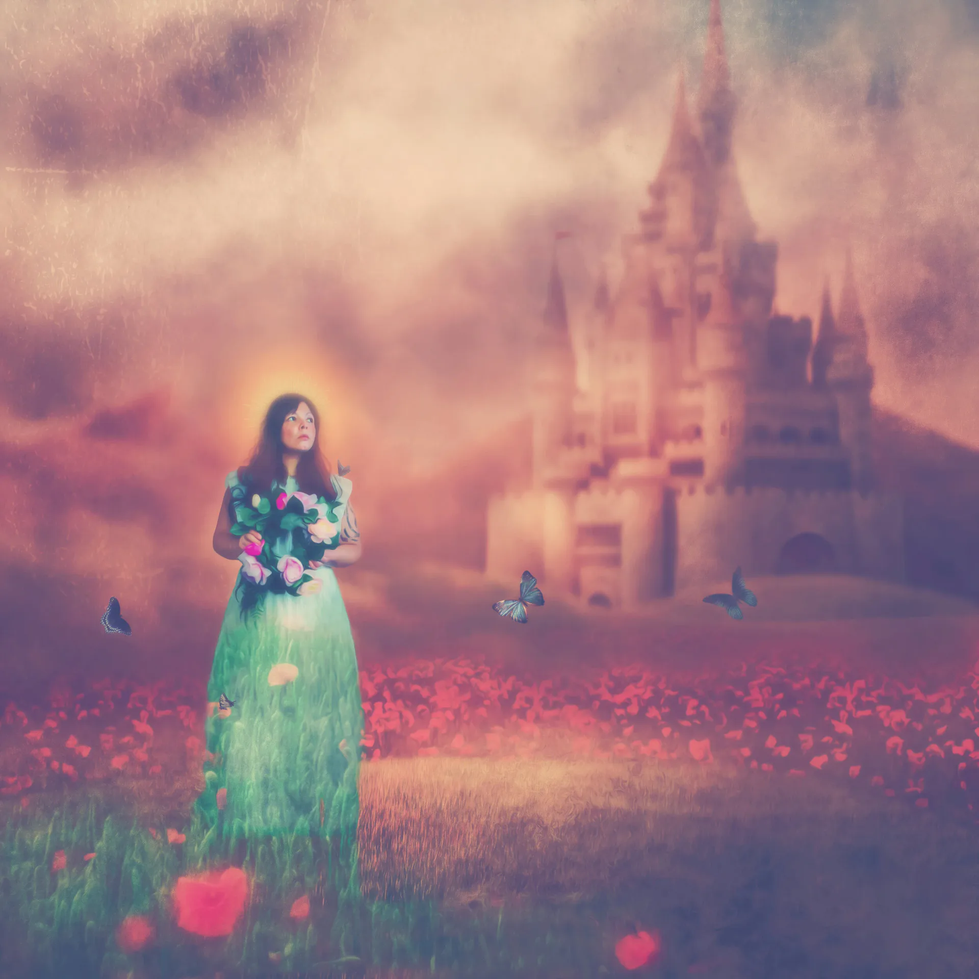 Woman in green dress holding flowers, standing in field of red poppies with fantasy castle in distant background at sunset.