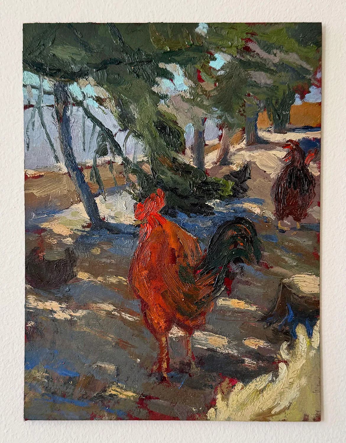 Oil painting of roosters and chickens under dappled trees
