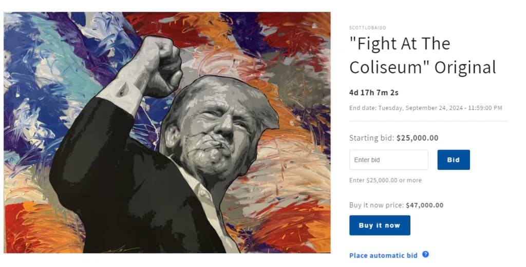 Auction listing screenshot for "Fight At The Coliseum" Original artwork showing a figure with colorful abstract background and starting bid information.