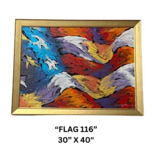 Framed mixed-media painting titled "FLAG 116" (30"x40") featuring abstract swirling waves in blue, red, orange, and white.