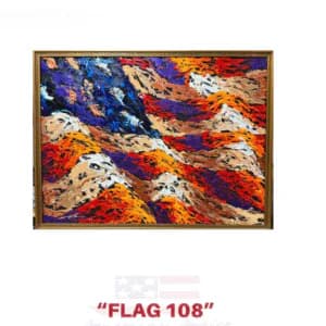 Framed abstract mixed-media piece titled "FLAG 108" with dynamic diagonal composition in red, orange, blue, and white with textured surface.