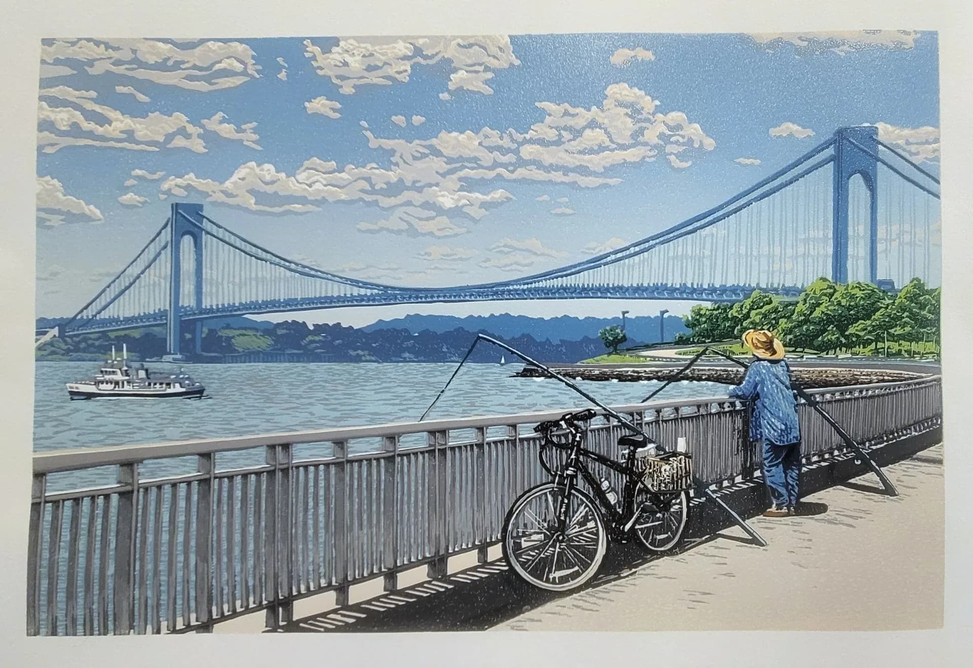 Color reduction woodcut print of fisherman with bicycle on railing overlooking the Verrazzano Bridge