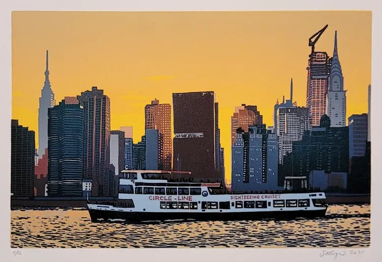 Color woodcut print of NYC skyline at sunset with Circle Line sightseeing boat on the river