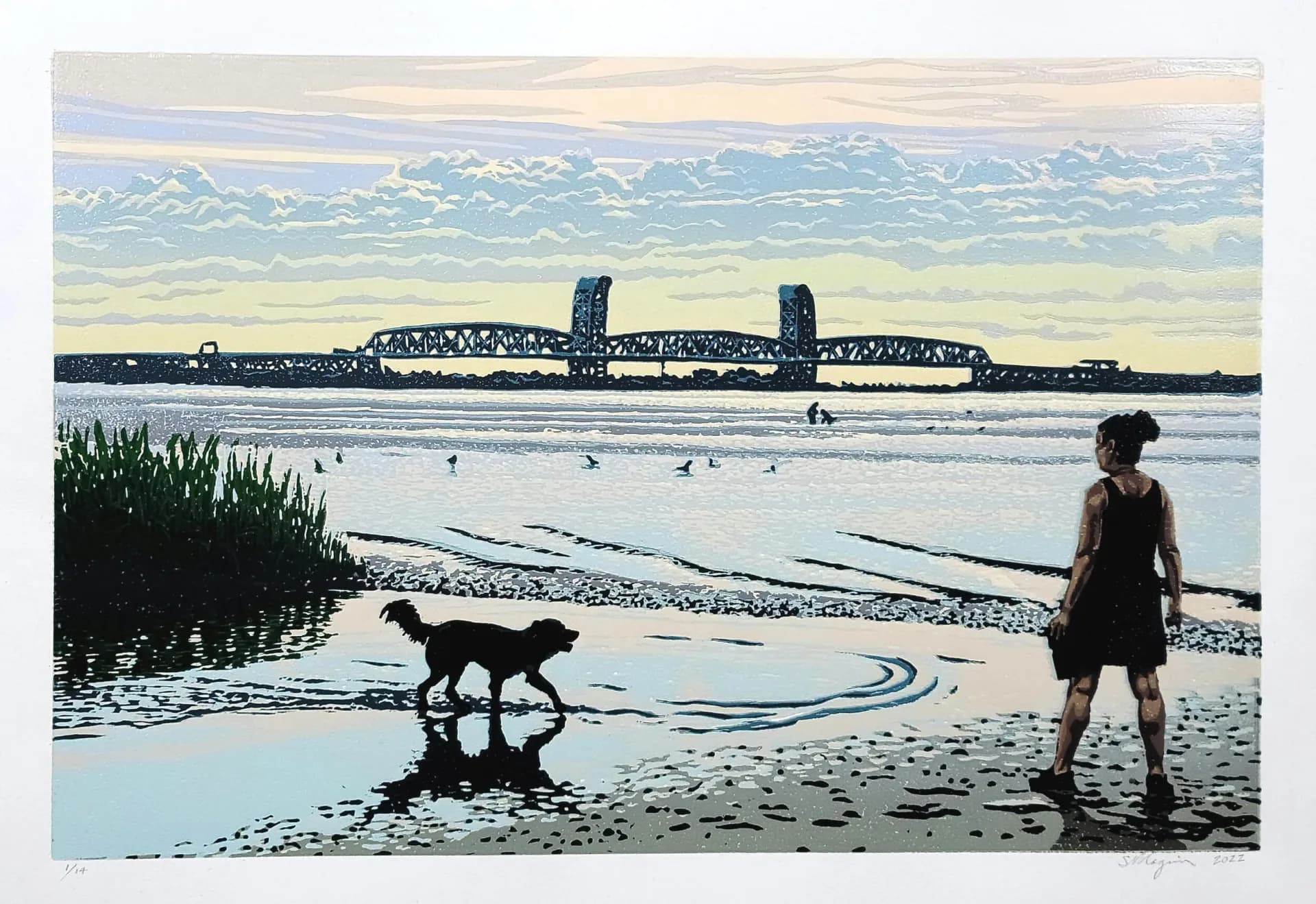Color woodcut print of woman and dog on tidal flats with Marine Parkway Bridge at sunrise