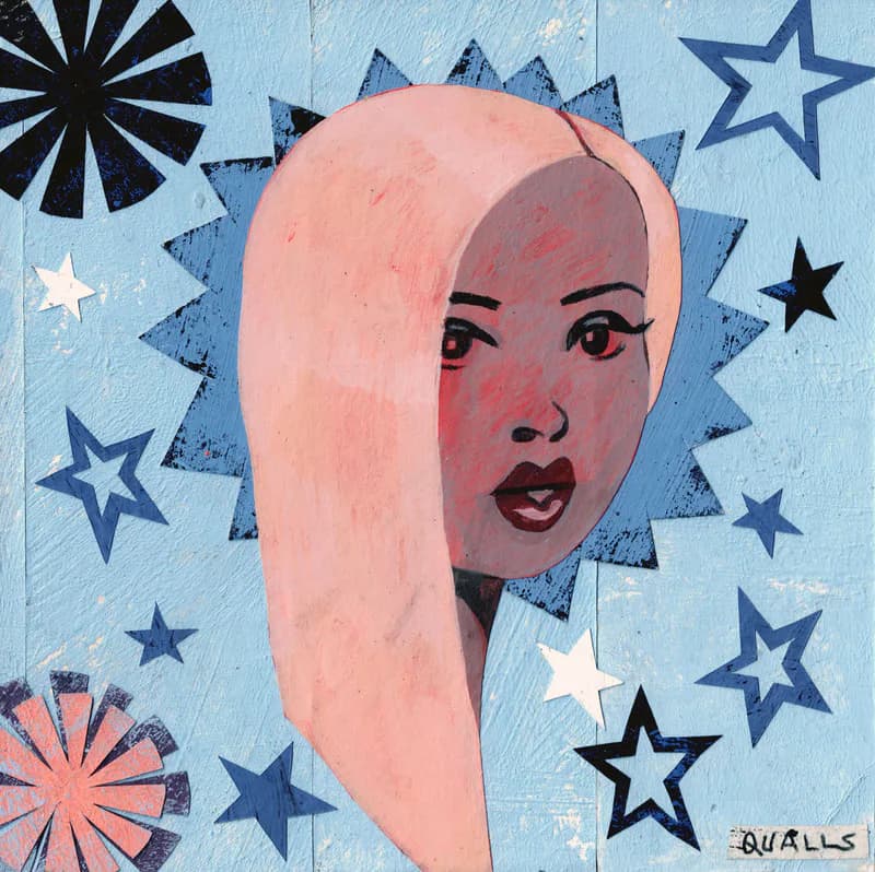 Pop art portrait of a woman with large afro and starburst motifs on blue background