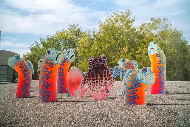 Outdoor installation of large sculptural forms in bright orange, red, and blue with intricate patterning, displayed in a paved plaza with trees and sky in background.
