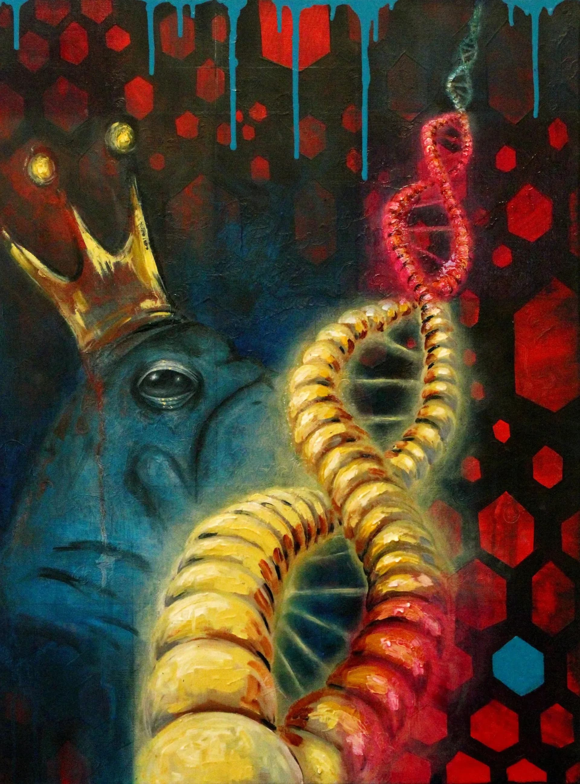 Oil painting of a crowned blue elephant with a DNA double helix trunk against a red honeycomb background