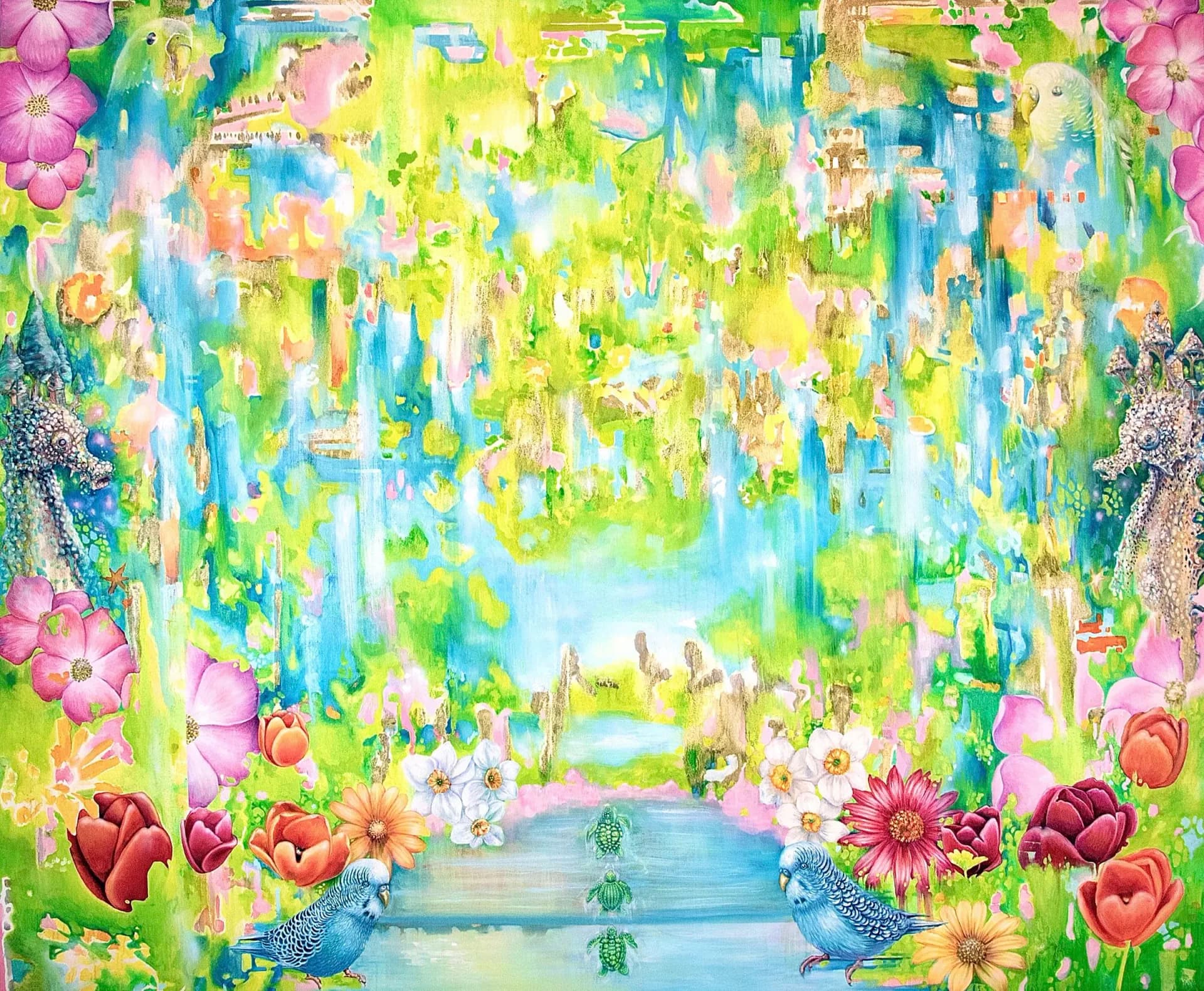Mixed-media floral tunnel composition with vibrant pink, yellow, and blue flowers framing a perspective view into a green and yellow landscape.