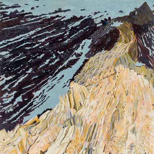 Oil painting of rocky coastal cliffs with bold vertical brushstrokes in cream, black, and rust-red against pale blue-green water and sky.