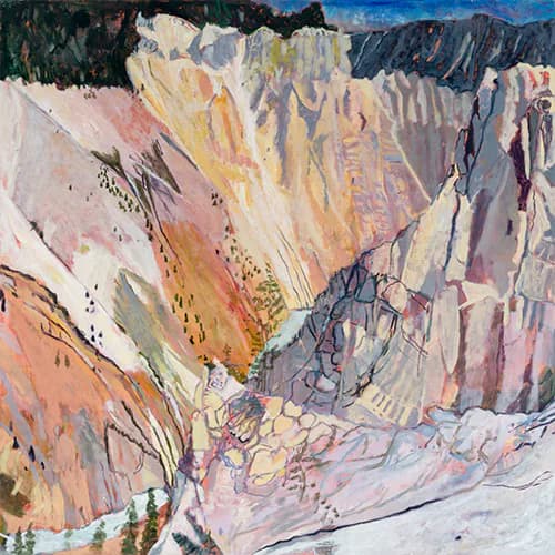 Watercolor painting of a canyon landscape with layered geological formations in pink, yellow, cream, and purple hues beneath dark forest silhouette.