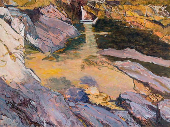 Oil or acrylic painting of a rocky stream or river with abstracted rocks in mauve, gold, and cream tones and dark water passages.