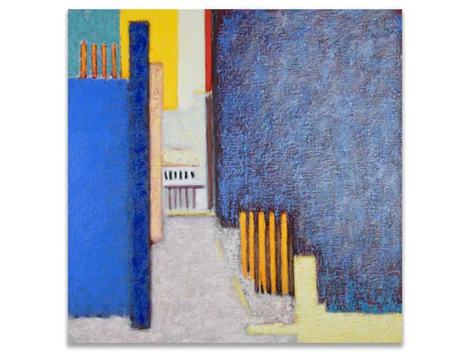 Abstract architectural painting with blue, yellow, and red geometric forms