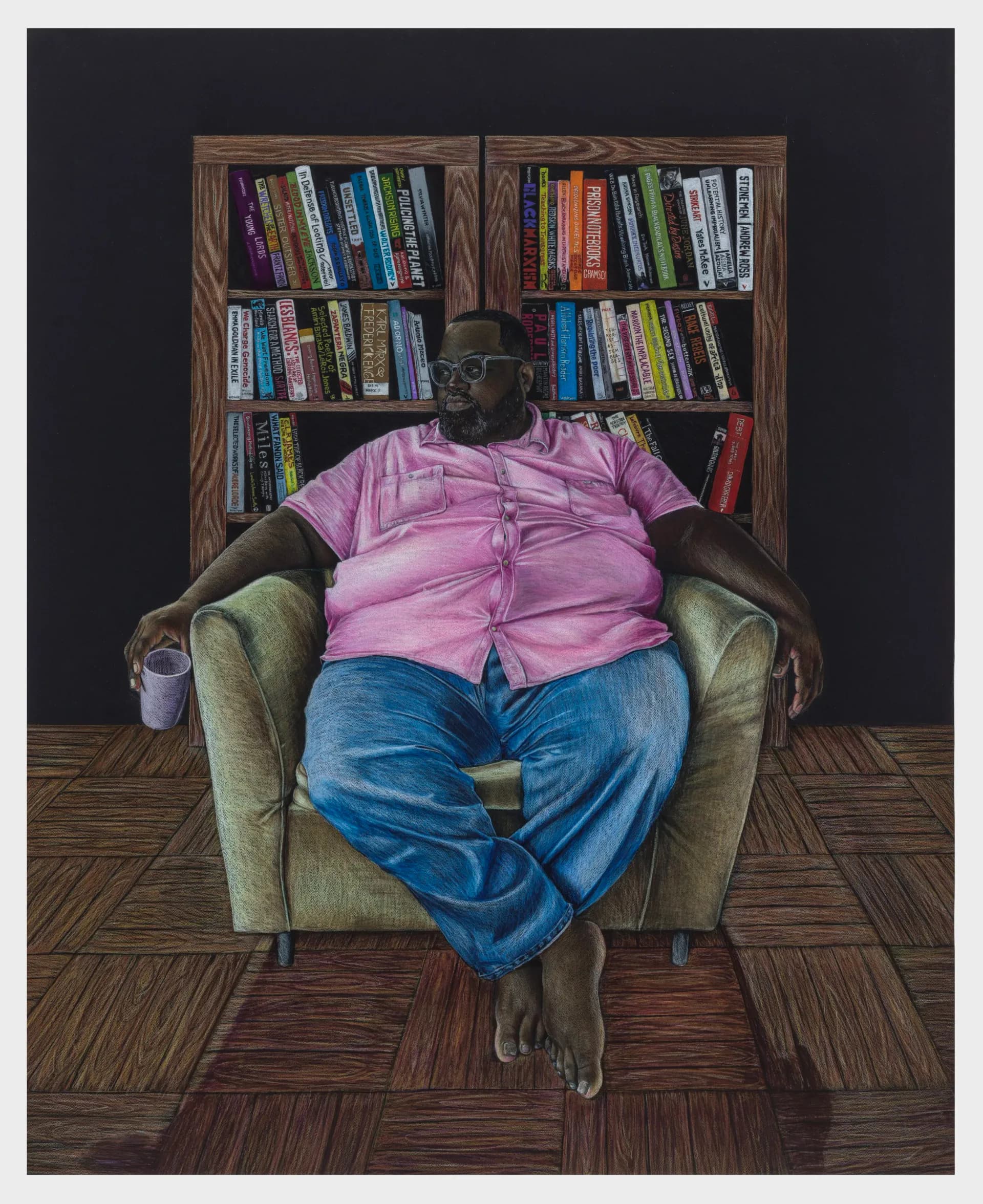 Chalk pastel portrait on black background of seated figure in pink shirt and blue jeans before bookshelves, highly detailed rendering.