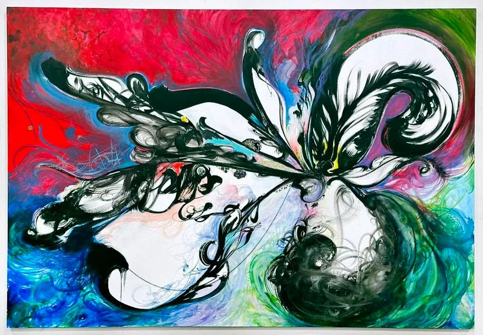 Large abstract painting with dramatic black brushstrokes and colorful background in red, blue, and green