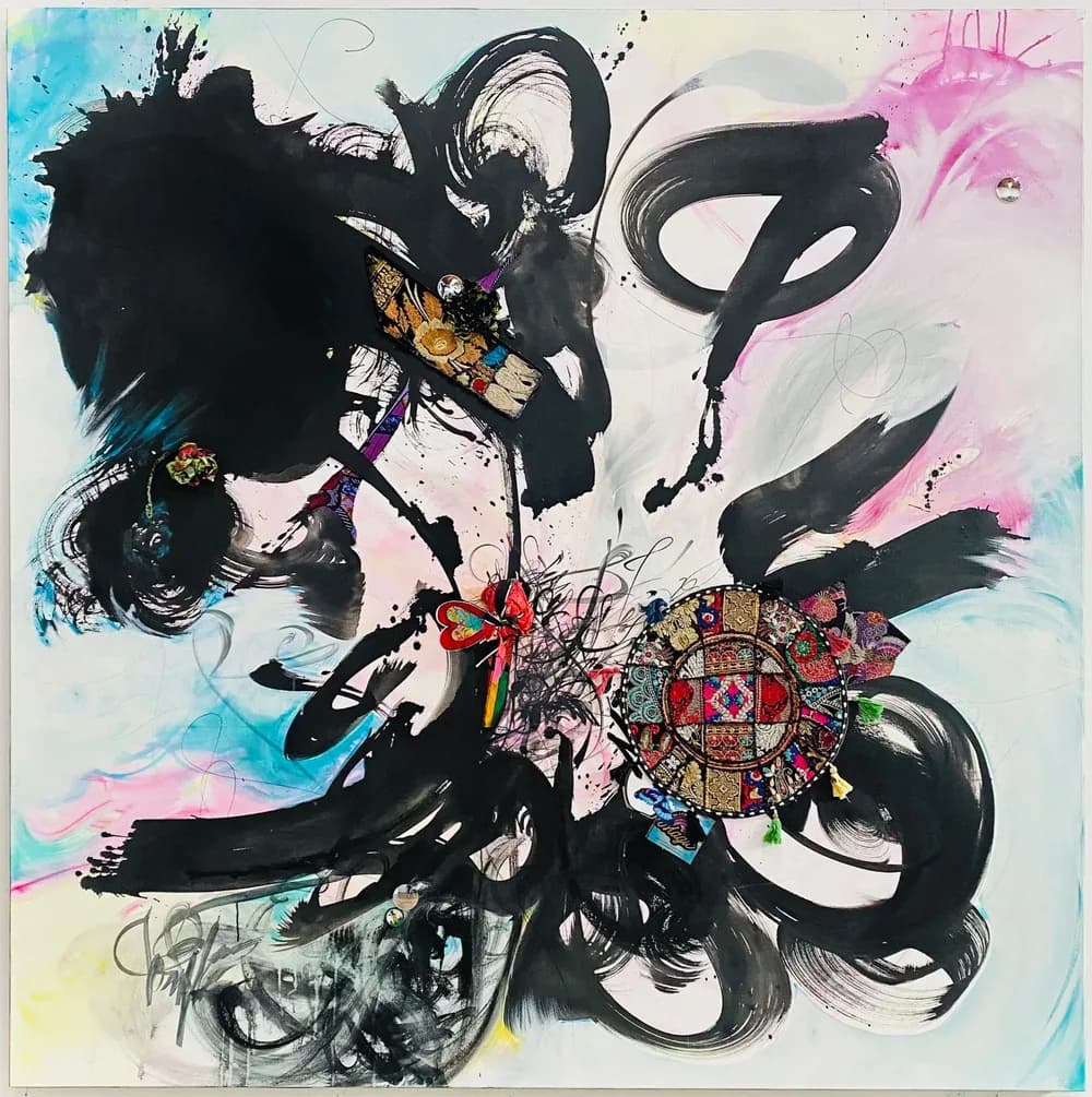 Abstract mixed-media painting with bold black calligraphic strokes and colorful fabric elements on white ground