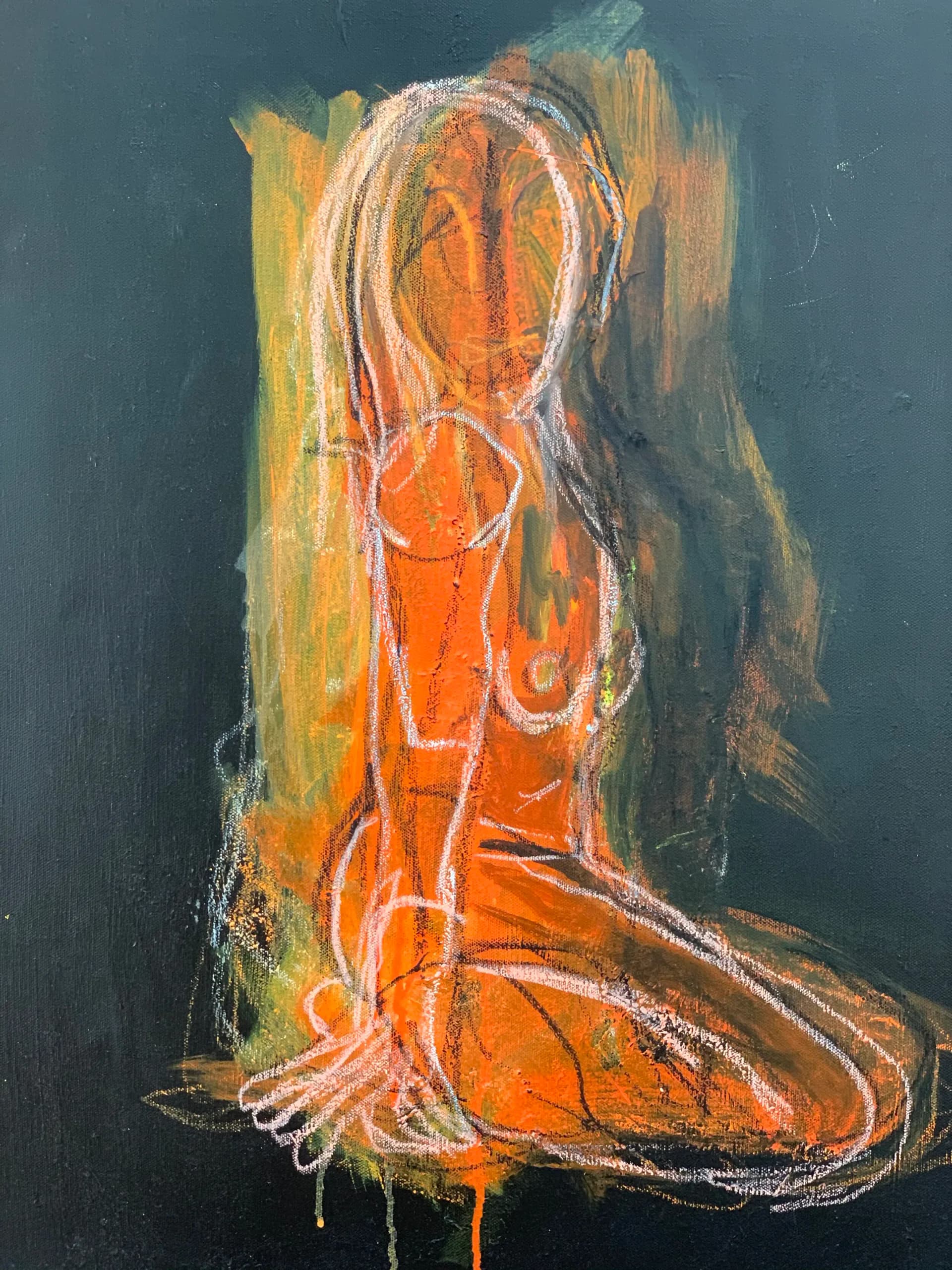 Mixed-media figure drawing with vibrant orange, yellow, and green wash backgrounds, outlined in white with black line work.