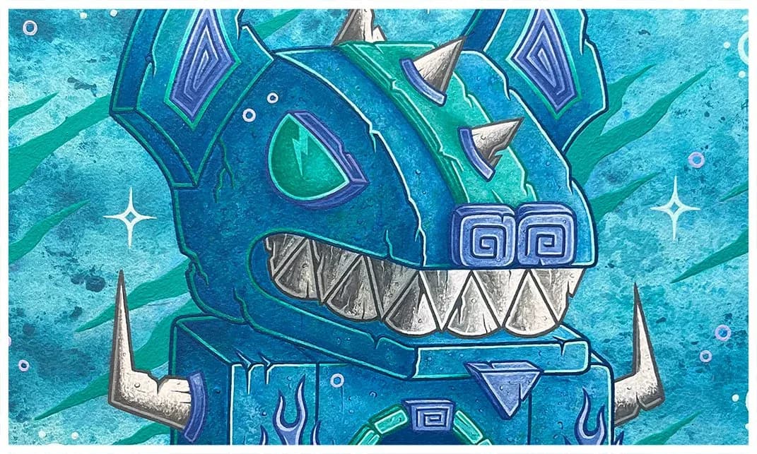Close-up of turquoise geometric creature head with purple accents, white triangular teeth, and layered angular features.
