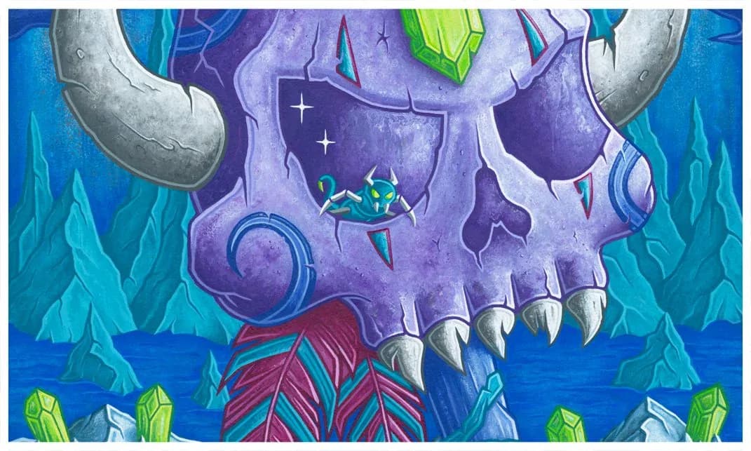 Mural detail: large purple skull with white horns, glowing green eyes, white teeth, surrounded by blue ice-like landscape and lime foliage.